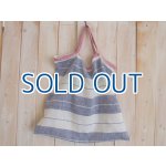 画像: ３０％ＯＦＦ・手紡ぎコットン ボーダー手さげバッグ（ネイビー×レッド）