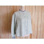 画像: ２０％ＯＦＦ・リネンガーゼ バンドカラーブラウス（杢薄ブルー）