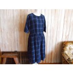 画像: ６０％ＯＦＦ・リネン チェック柄 ウエストリボンワンピース（ネイビー×ブラック）