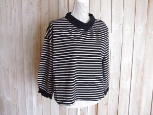 画像1: ２０％ＯＦＦ・襟切り替えボーダープルオーバー（ブラック×アイボリー）